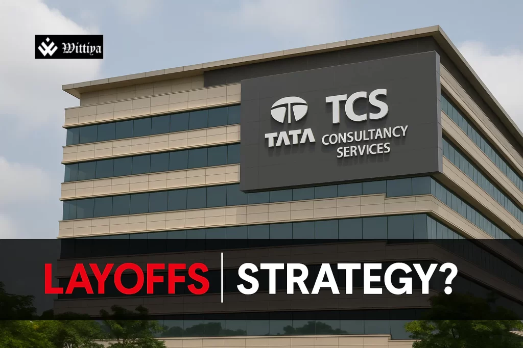 TCS office building with company logo and employees walking outside