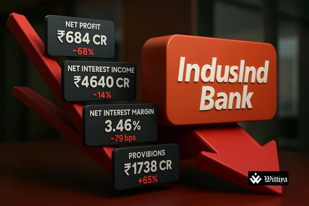 IndusInd Bank building with logo and stock market chart overlay