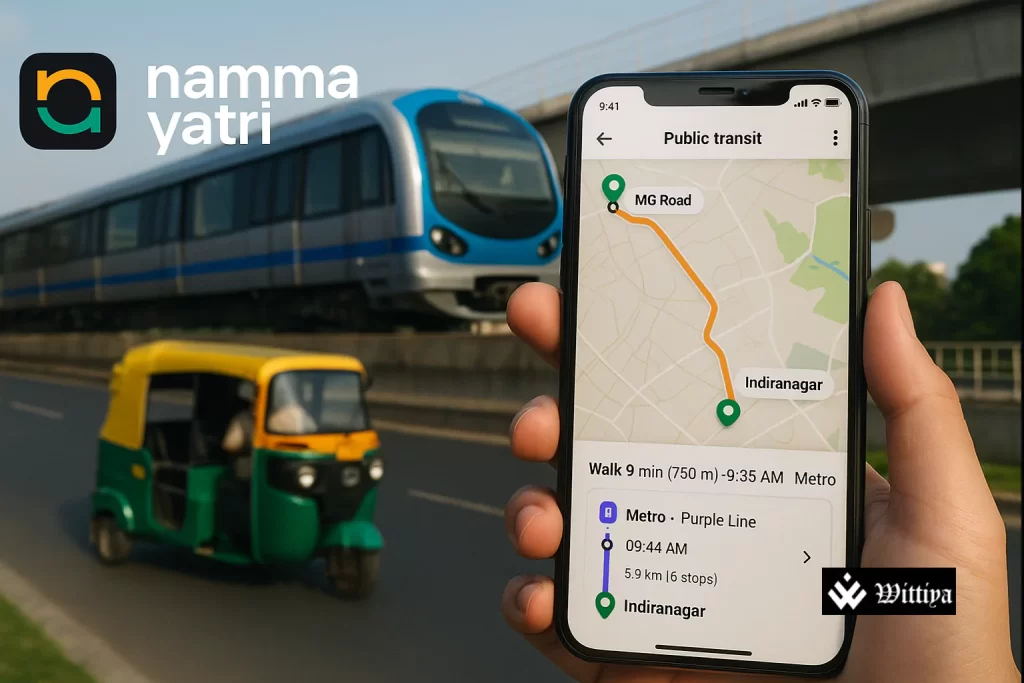 Namma Transit app interface on smartphone with Indian auto rickshaw in background