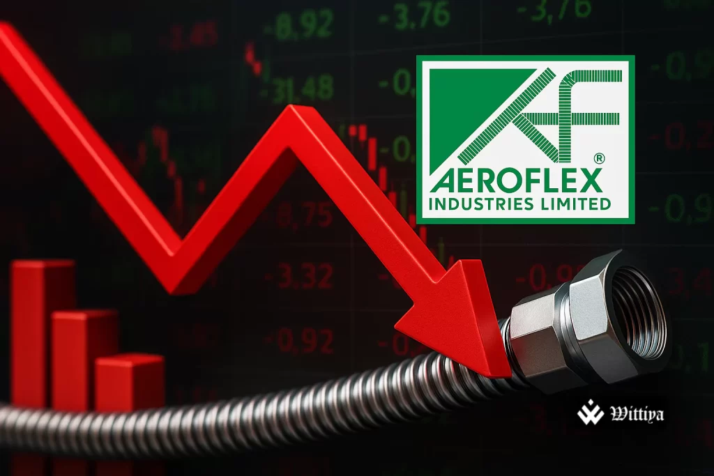 Aeroflex Industries building with company logo and financial chart showing decline