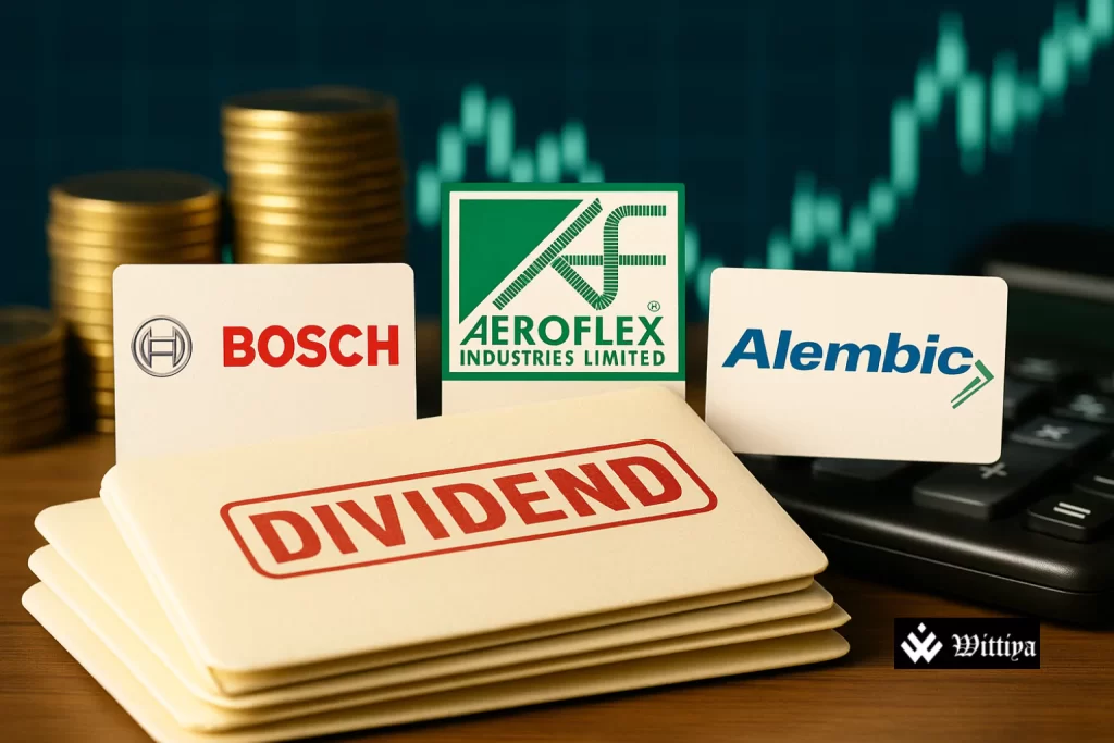 Financial newspaper with dividend payout list and stock market data on screen