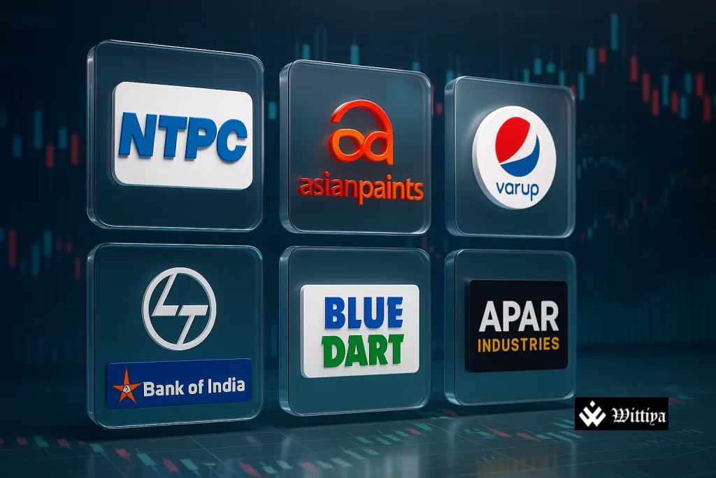 Stock market ticker board showing multiple companies’ earnings amid trading floor activity