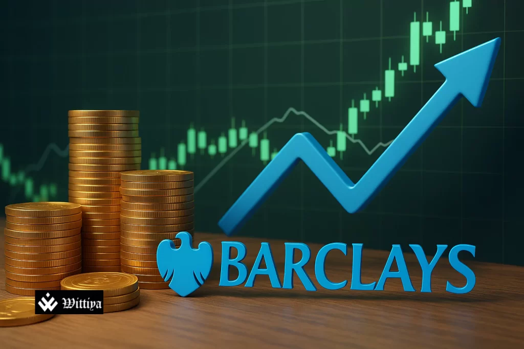 Barclays headquarters with company logo and financial graph showing positive earnings