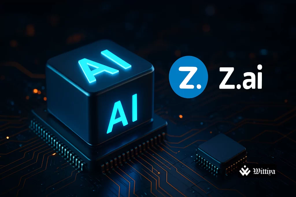 Z.ai GLM-4.5 AI model interface on screen with Chinese and U.S. flags in background