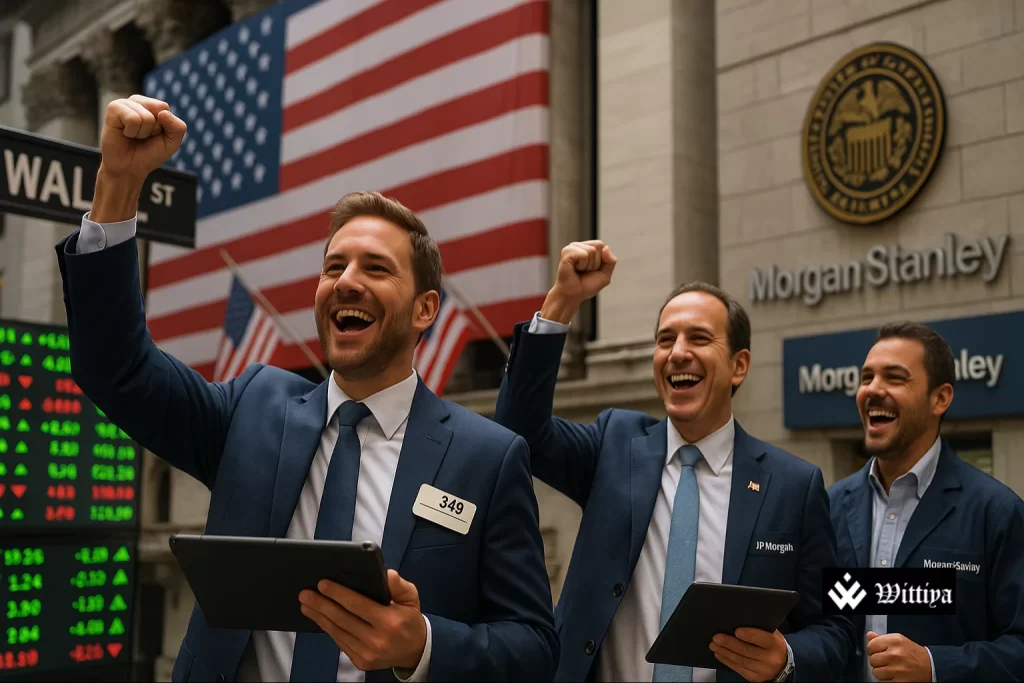 Wall Street sign with fluctuating stock market chart and trade war headlines in background