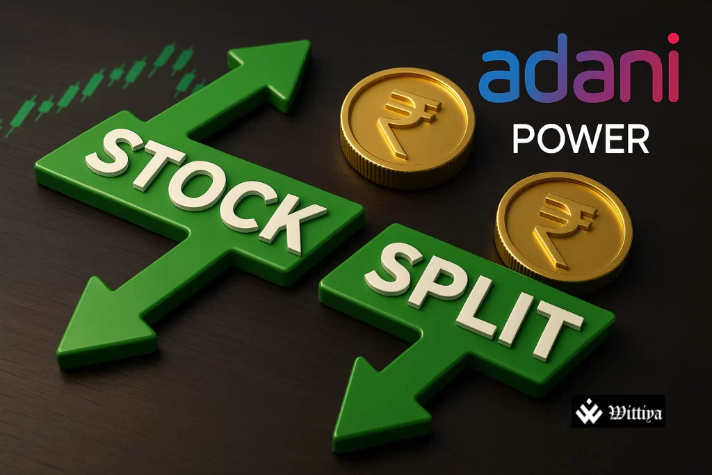 Adani Power logo on a rising stock chart with board meeting calendar marked August 1