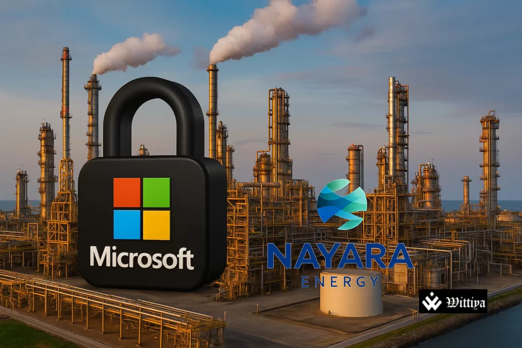 Nayara Energy refinery with Microsoft logo and courtroom gavel overlay