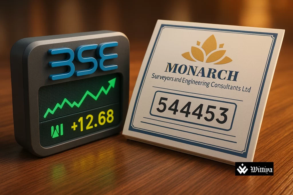 Monarch Surveyors logo with stock chart and BSE building in the background