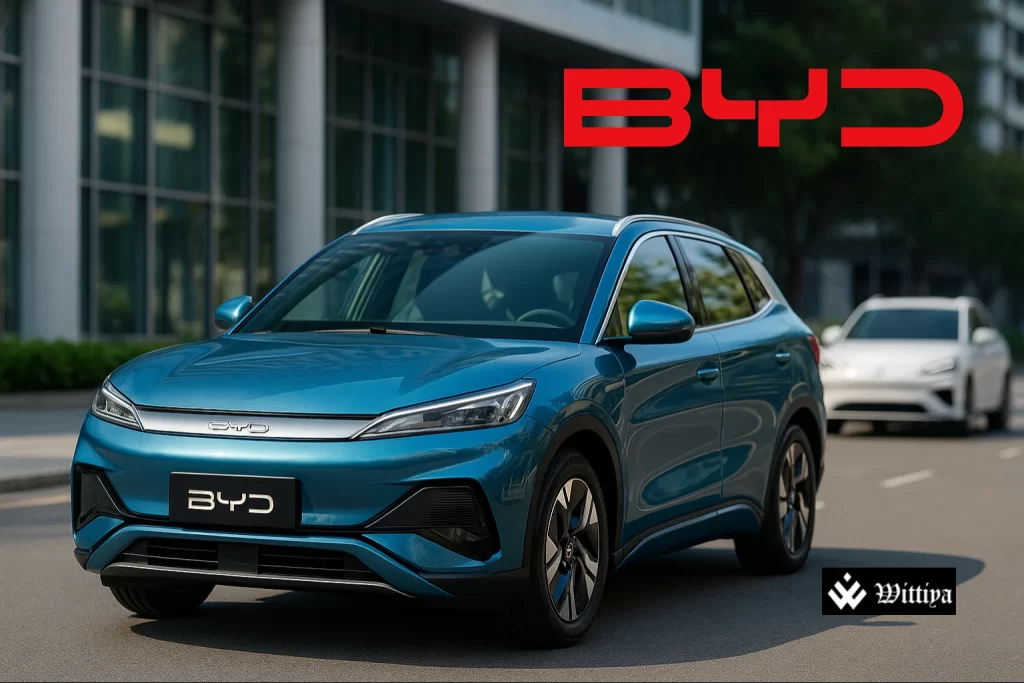 BYD electric vehicle with Singapore skyline representing market leadership