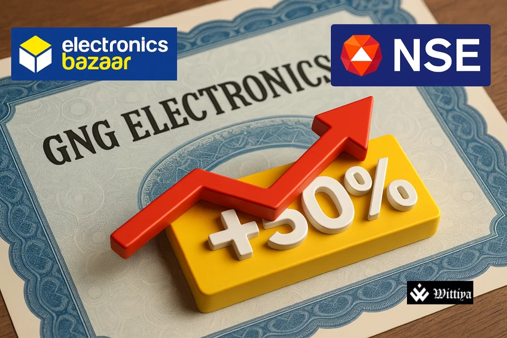 GNG Electronics IPO listing price at ₹355 with stock market background