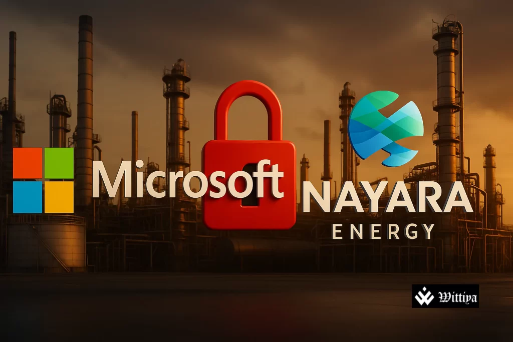 Microsoft logo with Nayara Energy refinery backdrop representing IT service disruption after EU sanctions