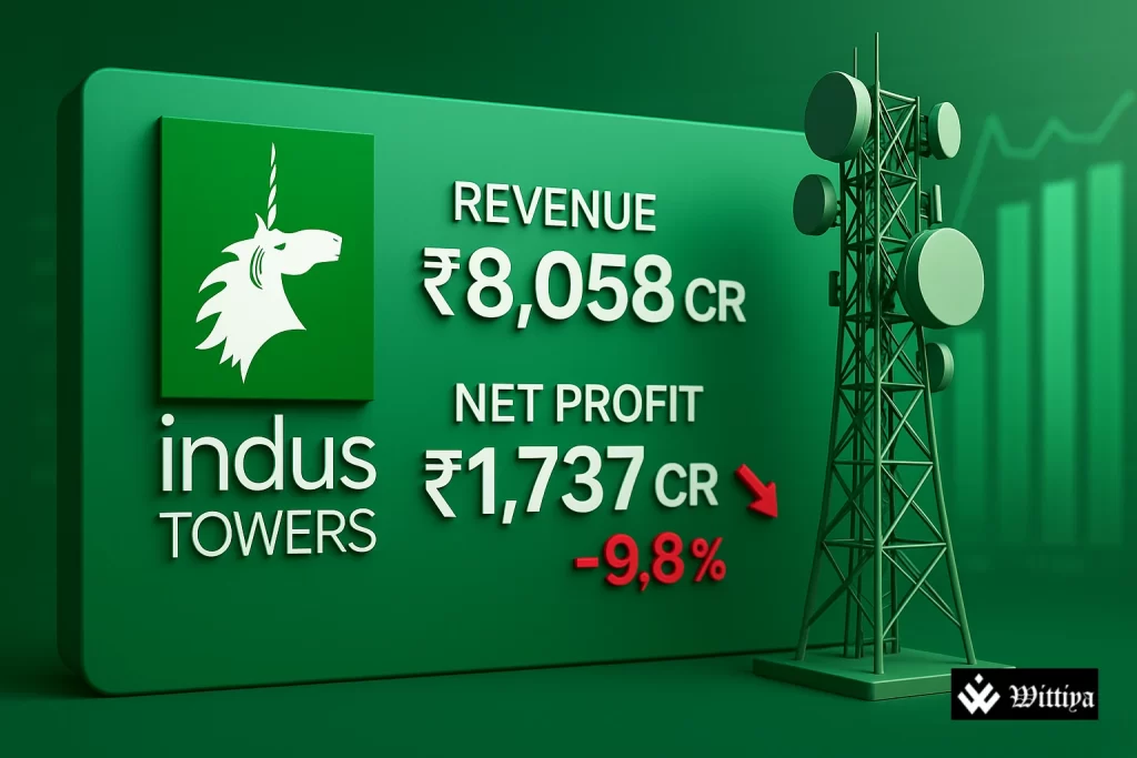 Indus Towers logo with financial data and telecom infrastructure background