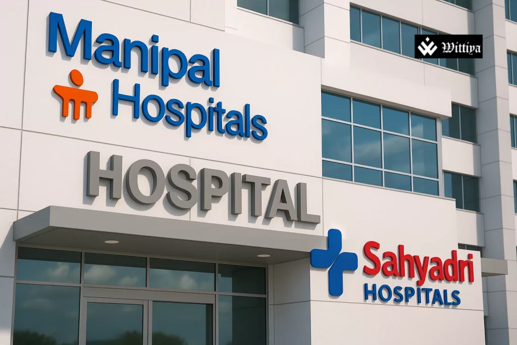 Manipal and Sahyadri Hospitals logos merged with handshake and hospital photo backdrop