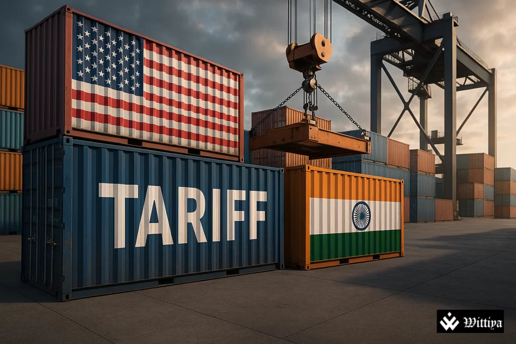 Shipping container yard with U.S. and Indian flags, representing trade conflict