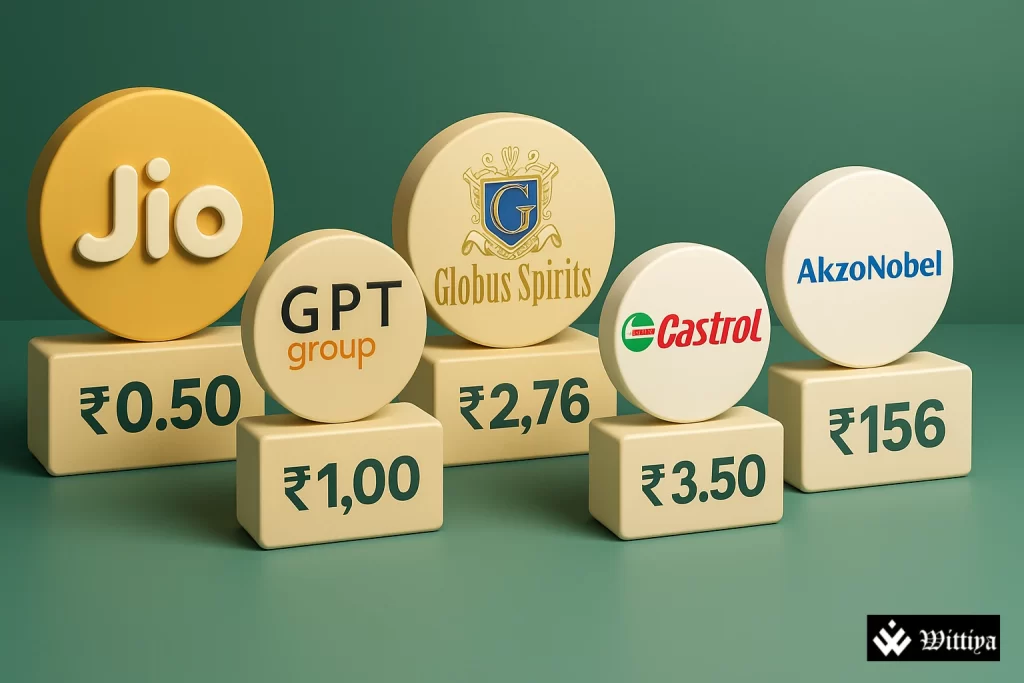 Logos of Jio Financial, Akzo Nobel, Castrol India, Globus Spirits, and GPT Infraprojects with dividend payout details.