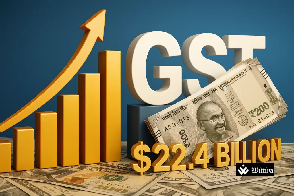 GST collection chart rising with Indian flag symbolizing India’s ₹1.96 trillion revenue surge