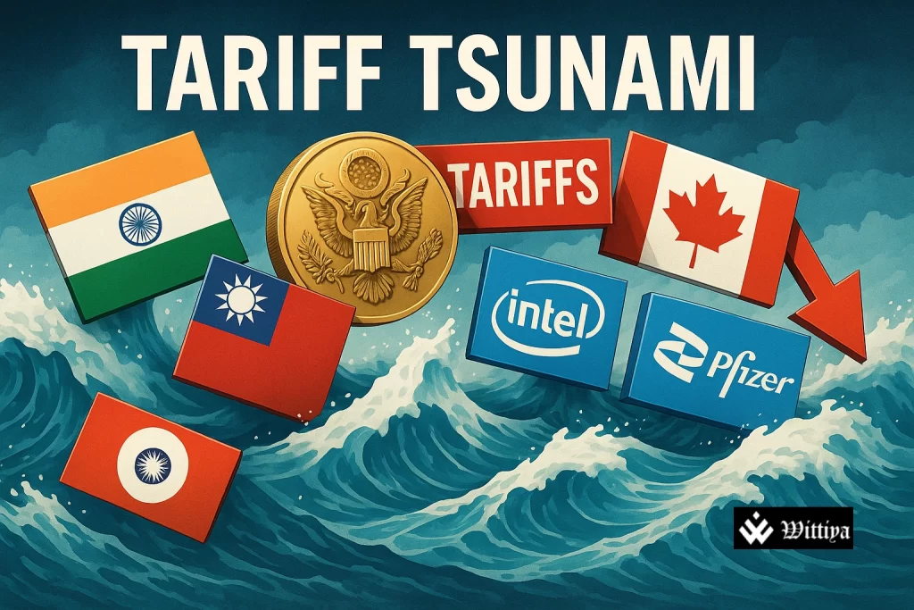 Shipping containers and trade symbols disrupted by a rising tariff wave impacting global economies