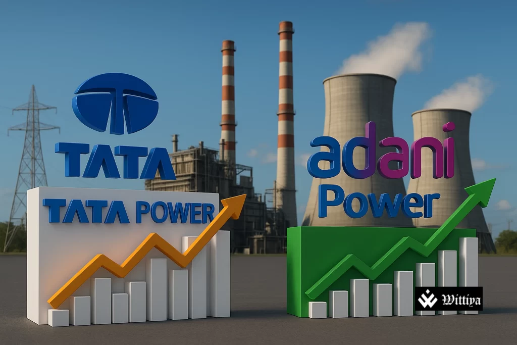 Logos of Tata Power and Adani Power with stock graphs comparing investment performance