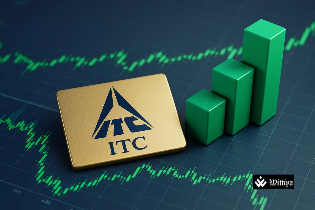 ITC Limited headquarters in India with financial graphs showing steady profit and rising revenue