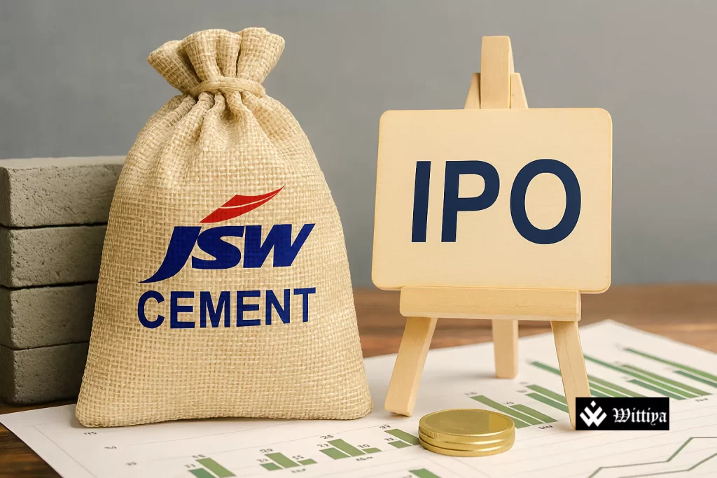 JSW Cement logo with stock market chart and IPO application form in the background