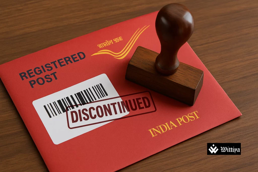 India Post red mailbox with a registered post envelope symbolizing the end of an era