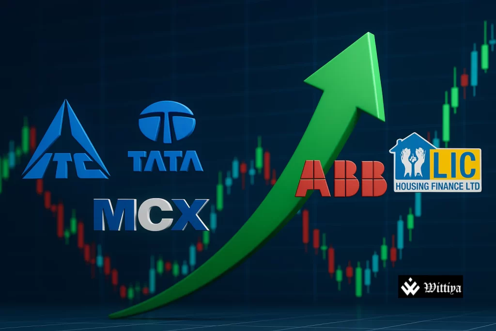 Stock market screen showing ITC, MCX, and GR Infraprojects with rising and falling trends