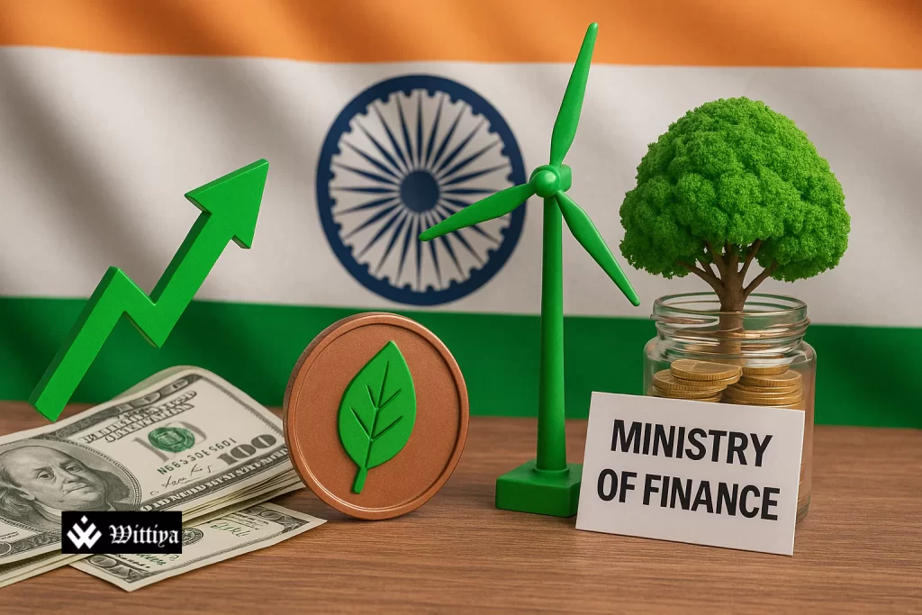 Climate countdown clock overlaid on green energy icons and Indian rupee coins symbolizing sustainable investment