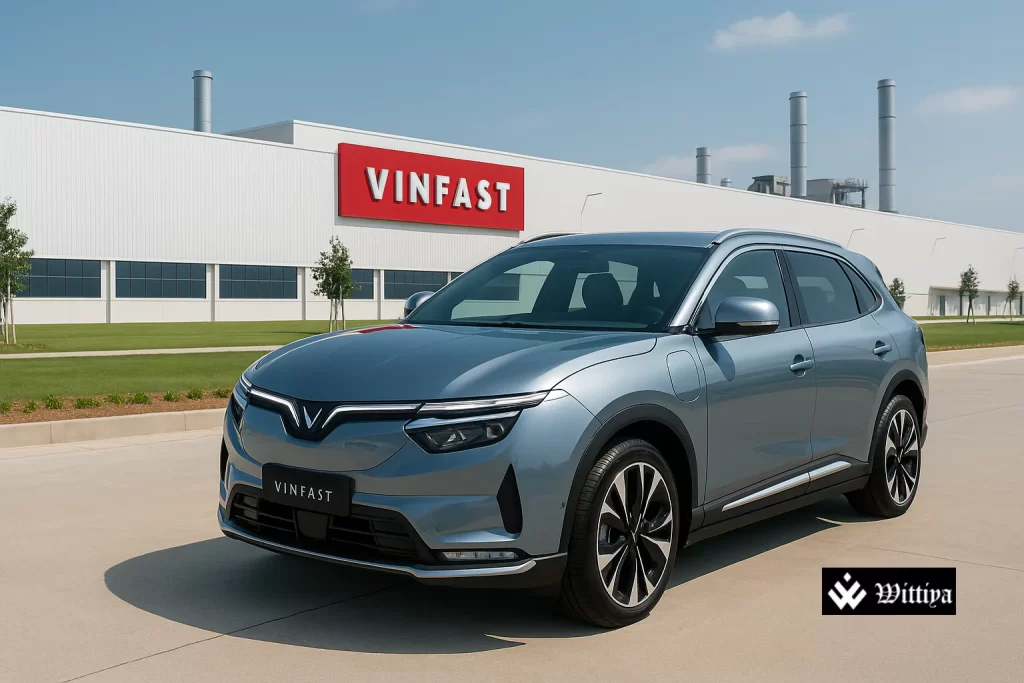 VinFast electric vehicle displayed with Indian flag and auto components symbolizing local sourcing