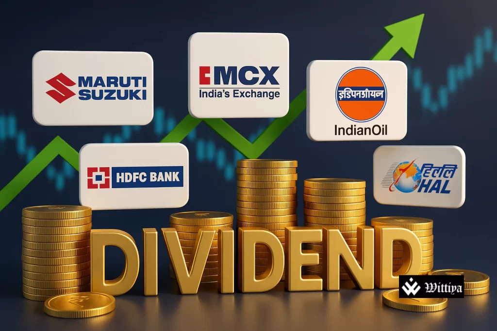Stacks of coins and dividend documents with calendar marked August and Indian stock market in background