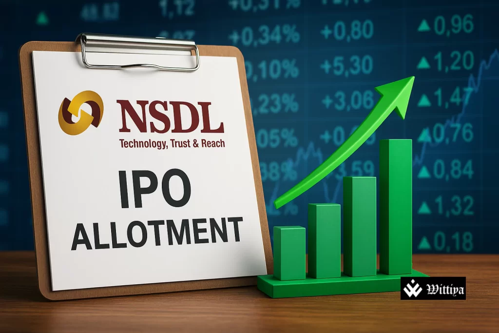 NSDL logo next to IPO allotment status page on a laptop screen with calendar and stock chart in the background