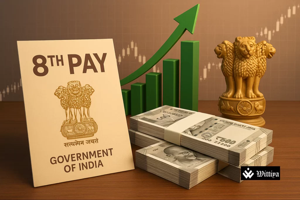 Bull statue with Indian stock market chart and government salary documents referencing 8th Pay Commission