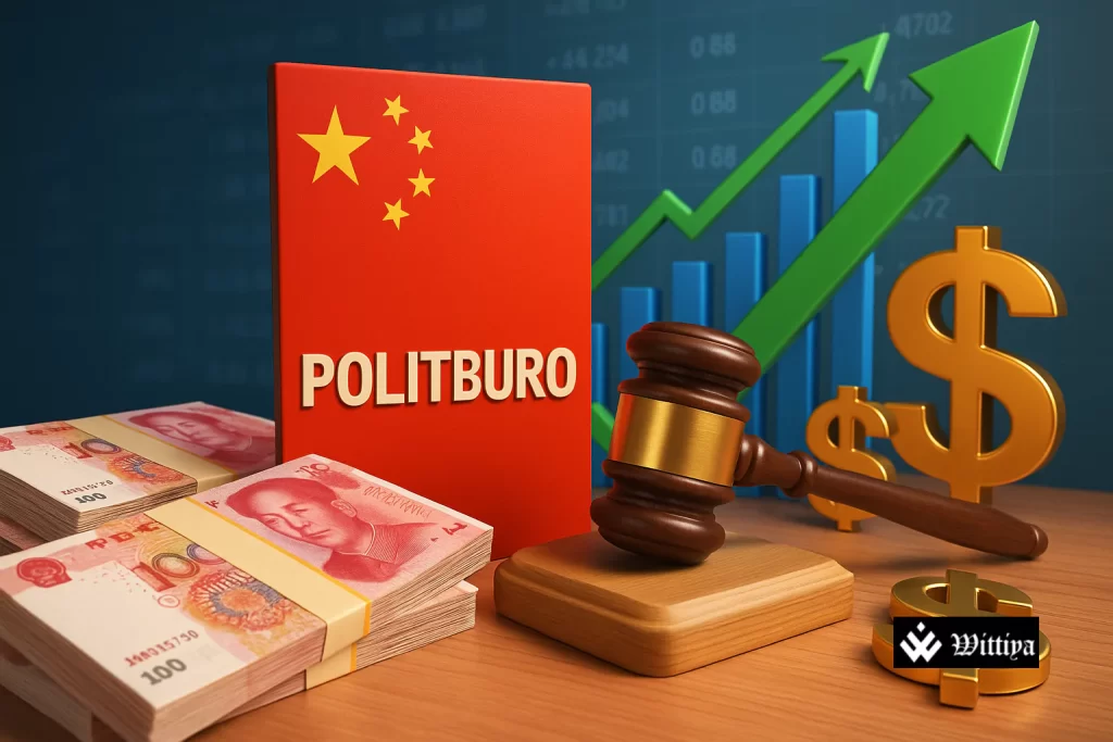 Chinese yuan notes, economic charts, and government policy documents symbolizing China’s economic stimulus promises