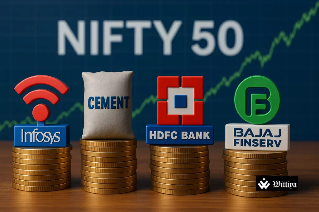 Indian stock market charts and financial reports with Q1 FY26 earnings data for listed companies