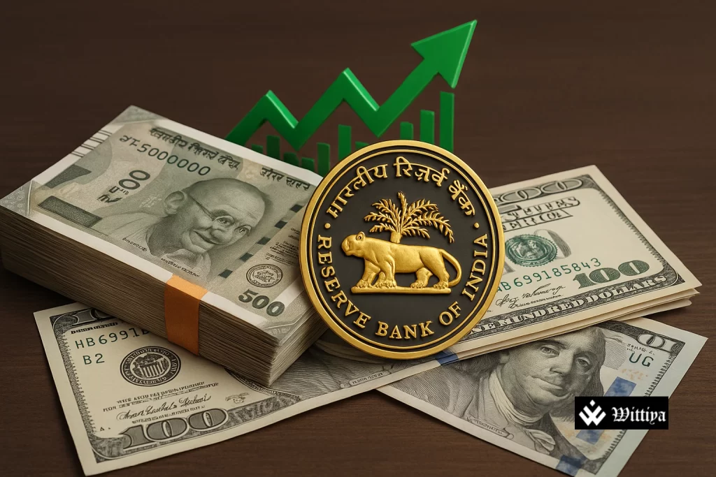 Reserve Bank of India building with US dollar and Indian rupee currency symbols representing forex swap