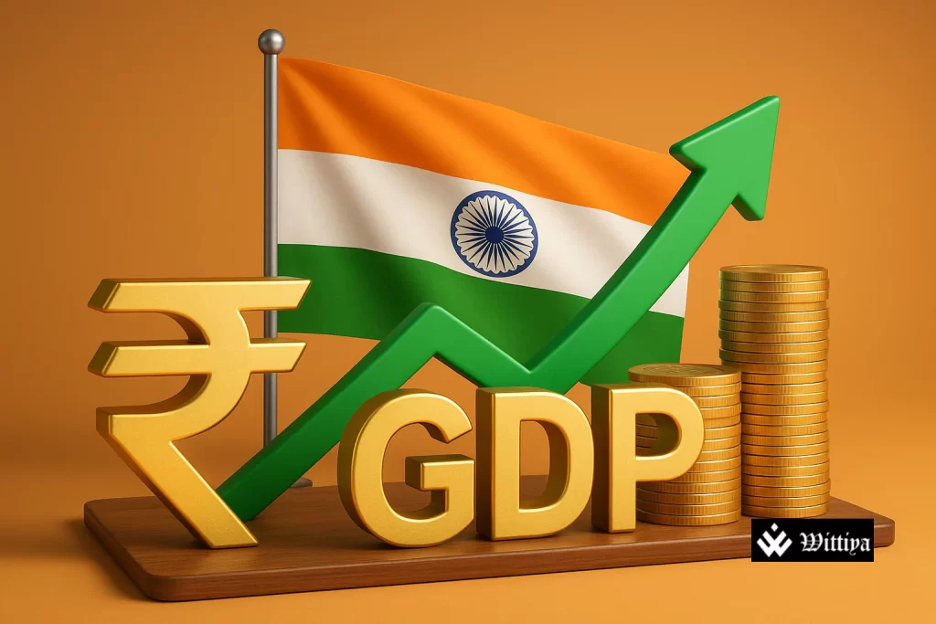 Rising Indian economy concept with stock market chart, Indian flag, and glowing GDP figures