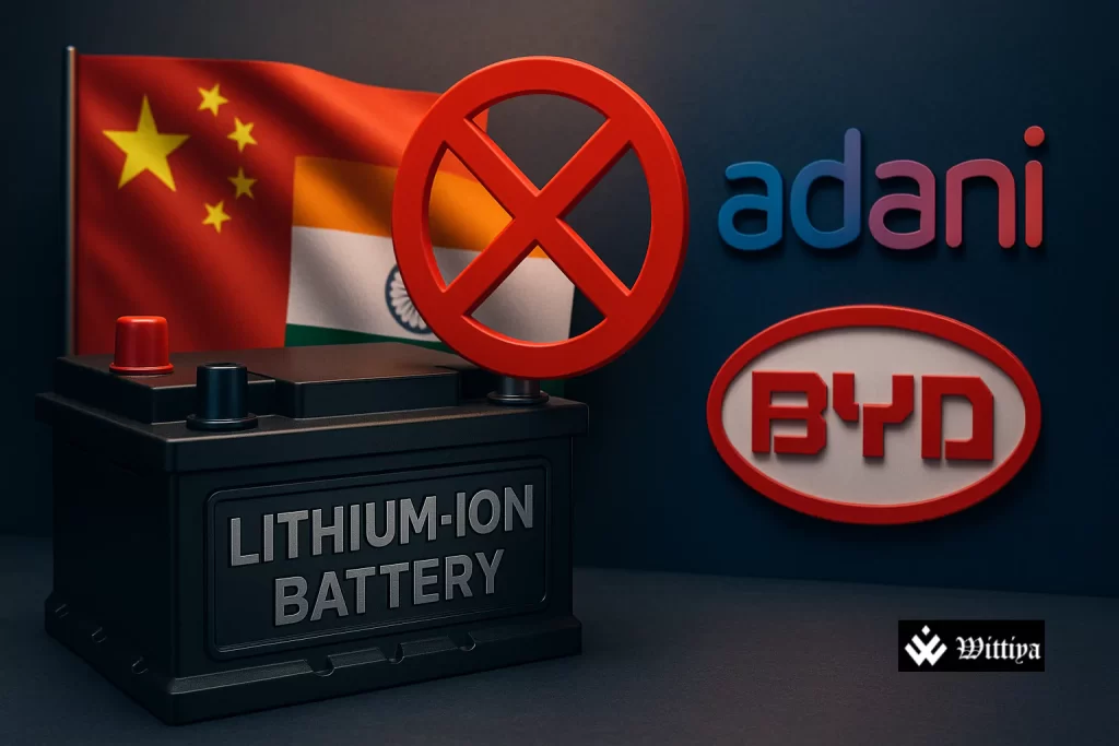 Adani Group logo with battery storage units and news headlines about deal clarification