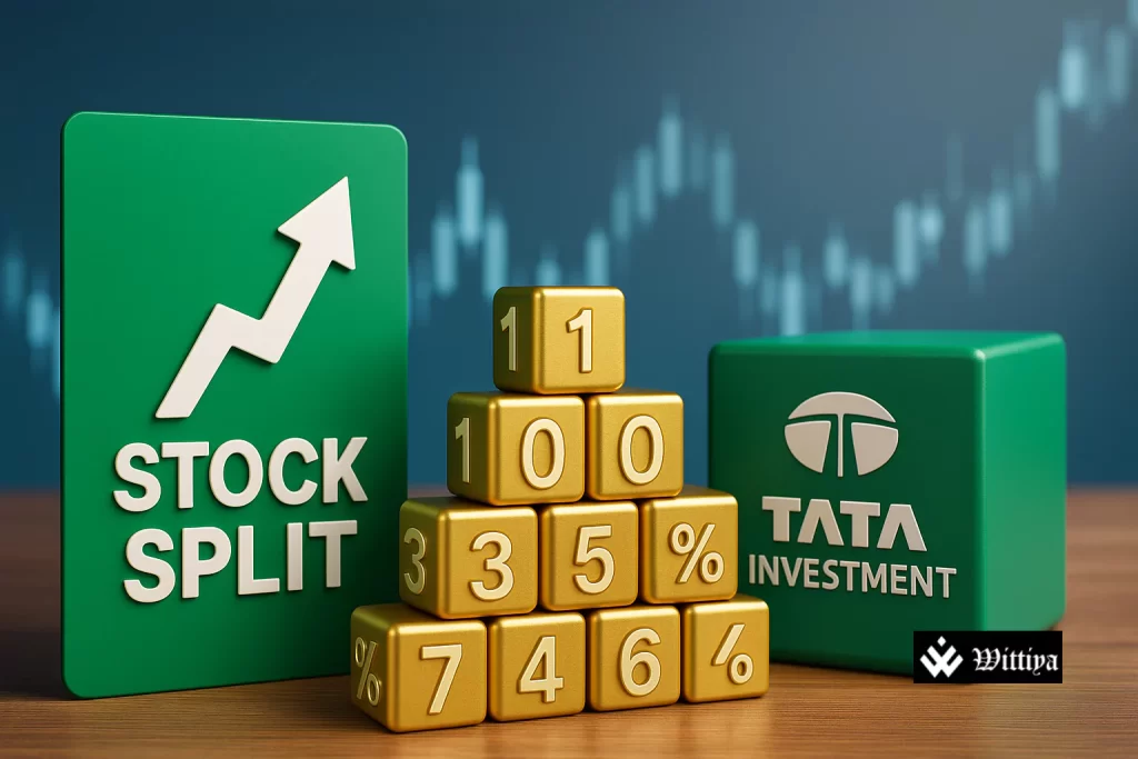 Tata Investment Corporation logo with split stock certificate and investor charts illustrating 1:10 stock split