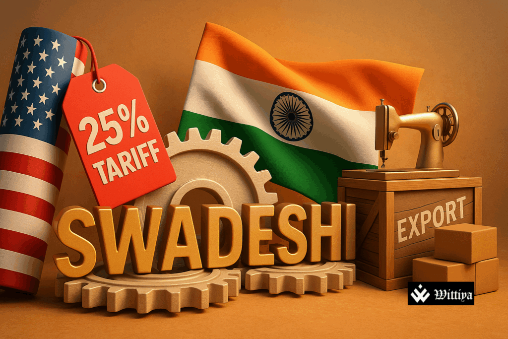 Indian flag with protest banners and local products symbolizing Swadeshi movement amid global trade tensions