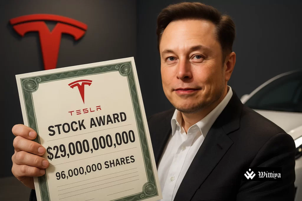 Elon Musk with Tesla logo and stock certificates representing $29 billion share award