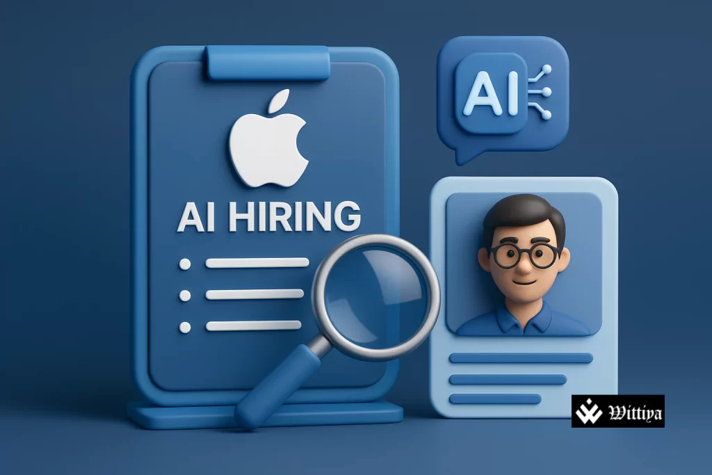 Apple logo with artificial intelligence icons and job recruitment visuals symbolizing AI hiring spree