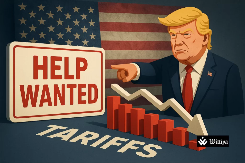 U.S. flag overlayed with falling stock chart and import-export containers, symbolizing Trump-era tariffs’ economic impact