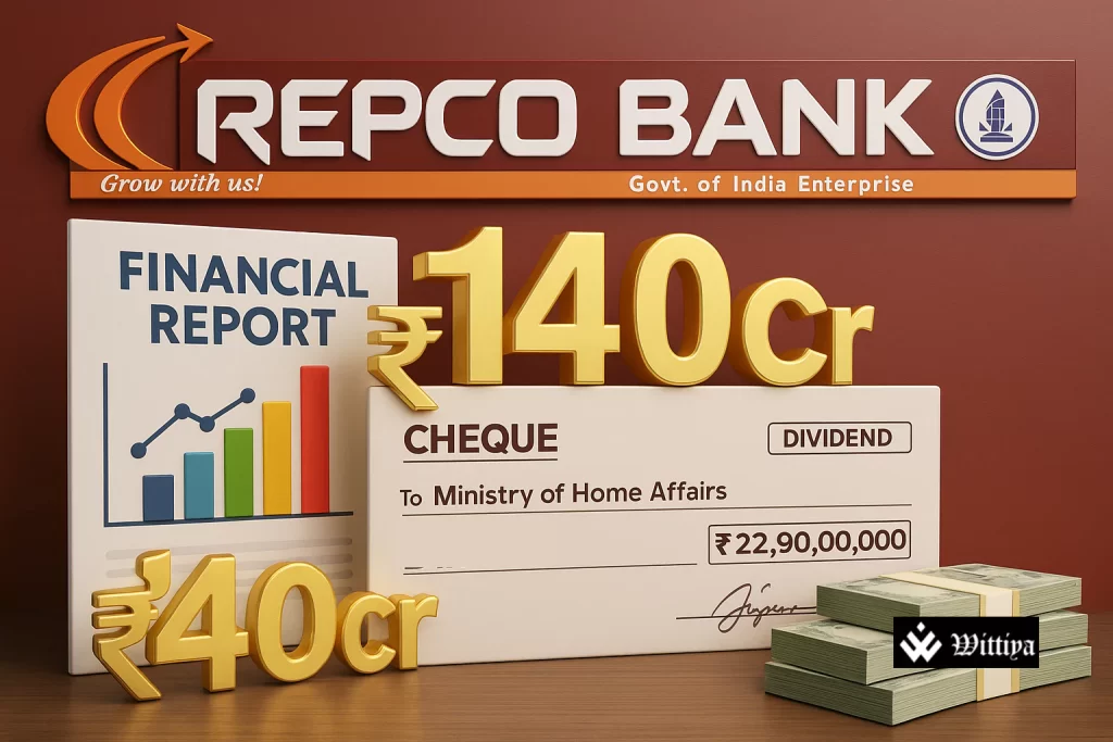 Repco Bank headquarters with celebratory figures and profit highlights, marking ₹140 crore net profit in FY 2024‑25