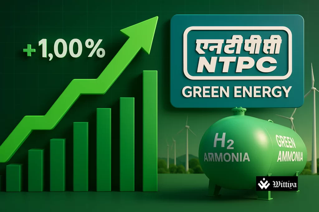 NTPC Renewable Energy logo overlaid on green ammonia plant and bidding documents, symbolizing a major contract win