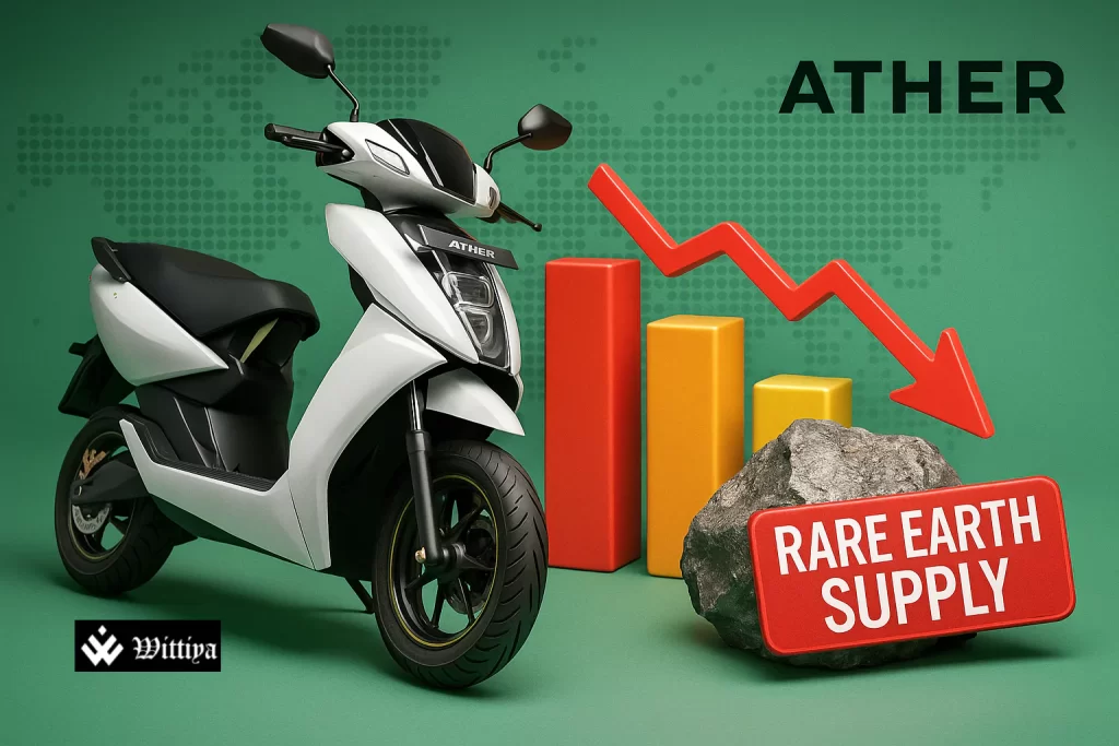 Electric scooter factory line with rare earth magnet components and supply warning overlay