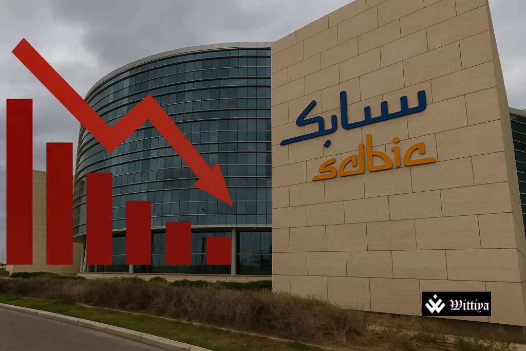 SABIC chemical plant under dark clouds with bleeding red graph overlay, symbolizing financial losses and industry strain