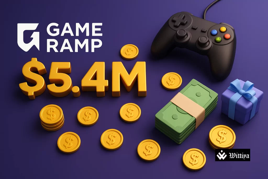 GameRamp logo alongside developers at work and AI monetization dashboards, reflecting their pre‑seed funding boost