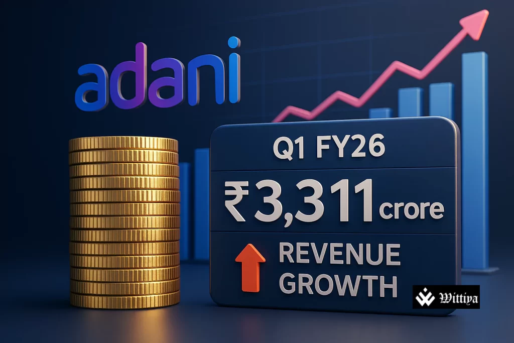 Adani Ports container terminal with cranes unloading cargo ships, overlaid with upward trade graph symbolizing Q1 growth