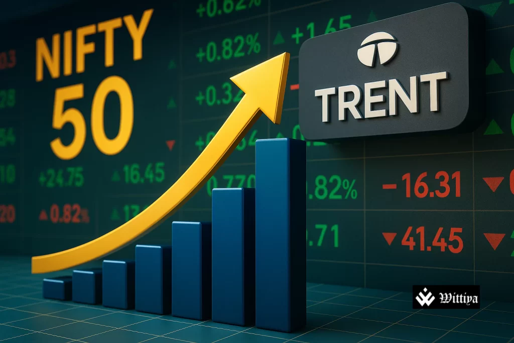 Trent retail stores — Westside and Zudio — with rising revenue graph overlay, representing record FY25 performance