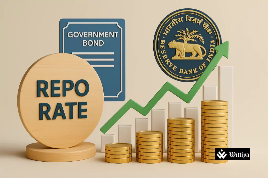 Reserve Bank of India building with overlay of interest rate icons and currency symbols, representing repo rate mechanism