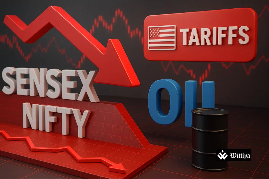 Oil barrels and refinery with a red downward arrow, reflecting falling oil stock prices in India